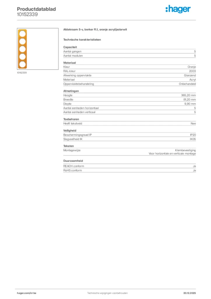 Afbeelding Hager Productdatablad 10152339 | Hager Belgium
