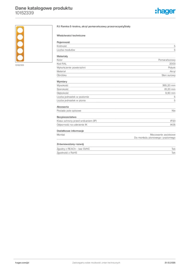 Zdjęcie Hager Dane katalogowe produktu 10152339 | Hager Polska