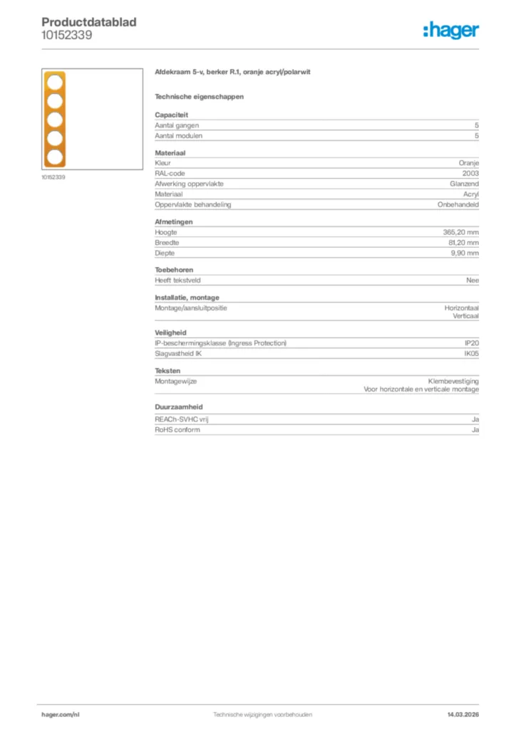 Afbeelding Hager Productdatablad 10152339 | Hager Nederland