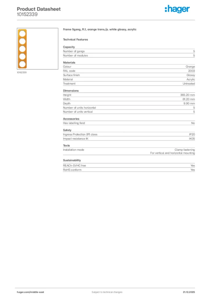 Image Hager Product data sheet 10152339  | Hager