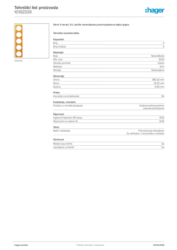 Slika Hager Tehnički list proizvoda 10152339  | Hager