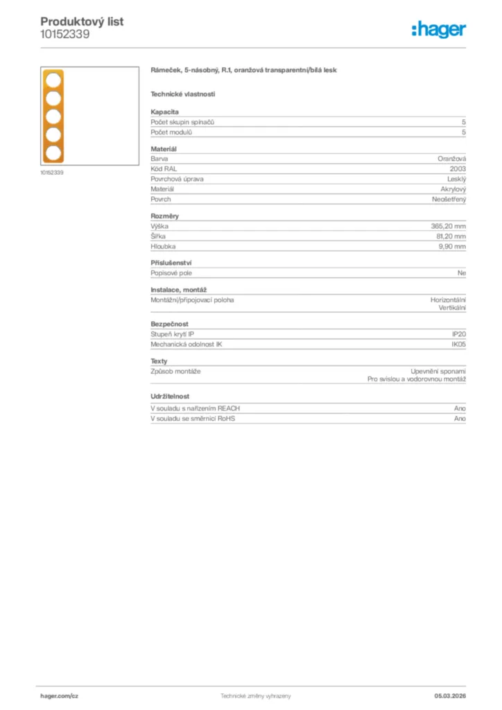 Obrázek Hager Product data sheet 10152339 | Hager