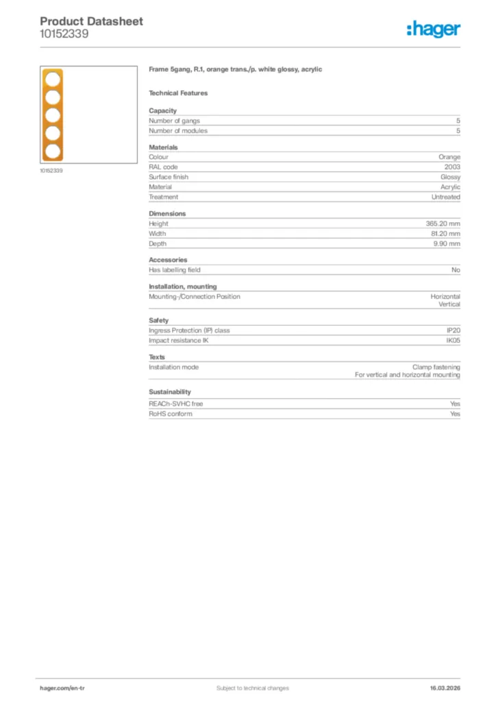 Image Hager Product data sheet 10152339  | Hager