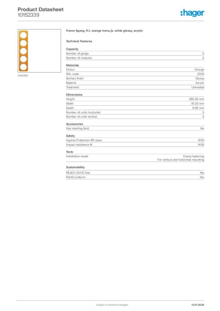 Image Hager Product data sheet 10152339  | Hager