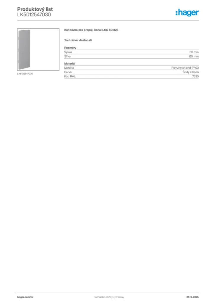 Obrázek Hager Produktový list LK5012547030 | Hager