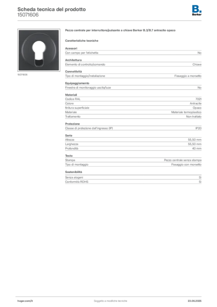 Immagine Berker Scheda tecnica del prodotto 15071606 | Hager Italia