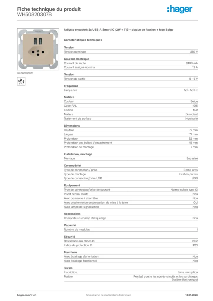 Image Hager Fiche technique du produit WH50820307B | Hager Suisse