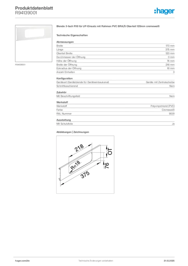 Bild Hager Produktdatenblatt R94139001 | Hager Deutschland