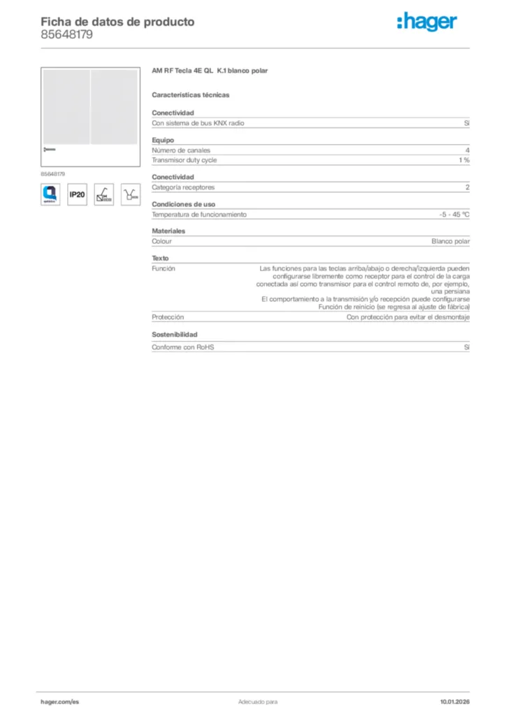 Imagen Hager Ficha de datos de producto 85648179 | Hager España