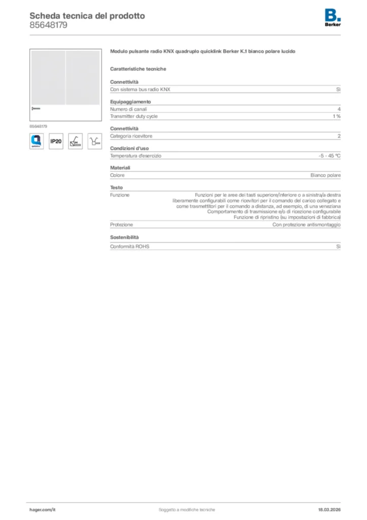 Immagine Berker Scheda tecnica del prodotto 85648179 | Hager Italia