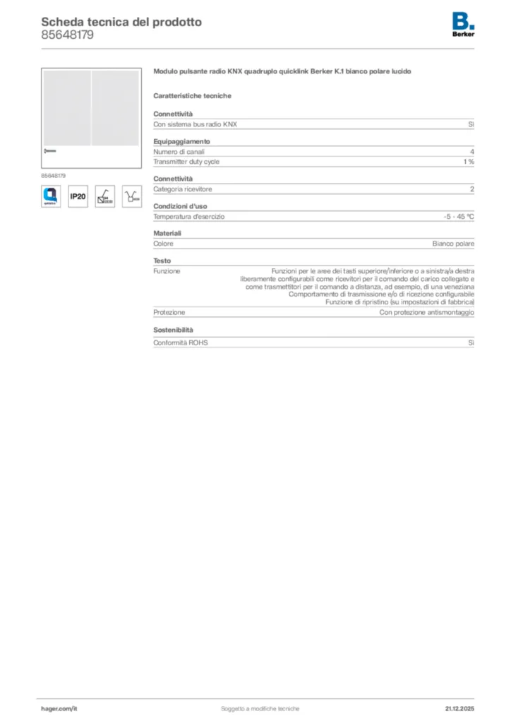 Immagine Berker Scheda tecnica del prodotto 85648179 | Hager Italia