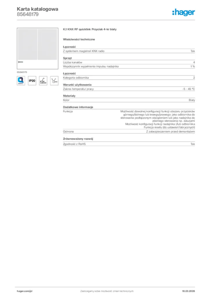 Zdjęcie Hager Karta katalogowa 85648179 | Hager Polska