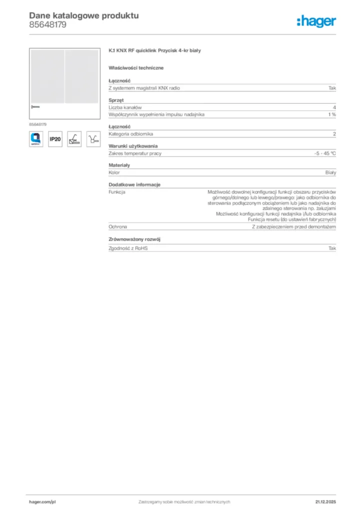 Zdjęcie Hager Dane katalogowe produktu 85648179 | Hager Polska