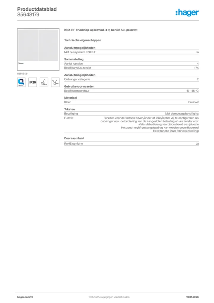 Afbeelding Hager Productdatablad 85648179 | Hager Nederland
