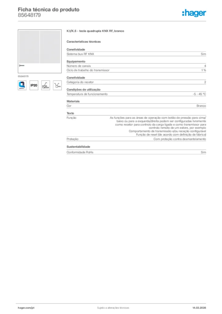 Imagem Hager Ficha técnica do produto 85648179 | Hager Portugal