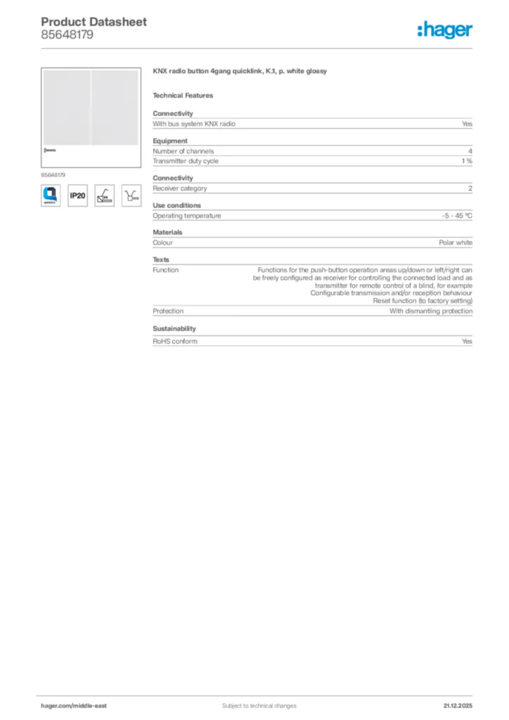 Image Hager Product data sheet 85648179  | Hager