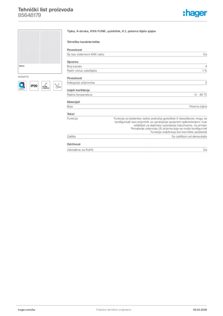 Slika Hager Tehnički list proizvoda 85648179  | Hager