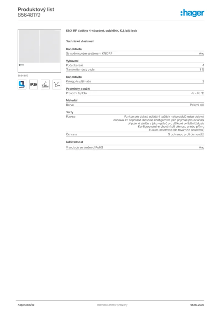 Obrázek Hager Product data sheet 85648179 | Hager