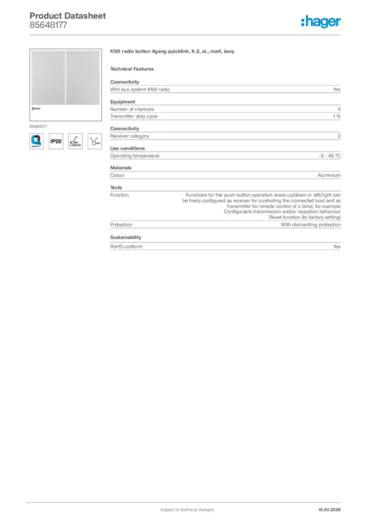 Image Hager Product data sheet 85648177  | Hager Africa