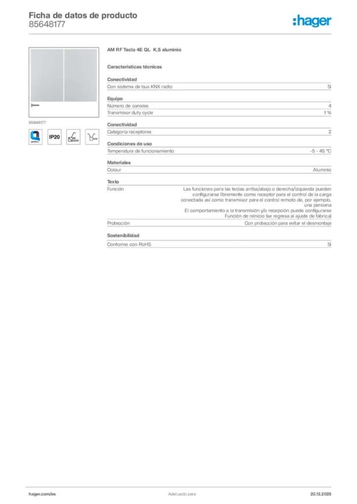 Imagen Hager Ficha de datos de producto 85648177 | Hager España