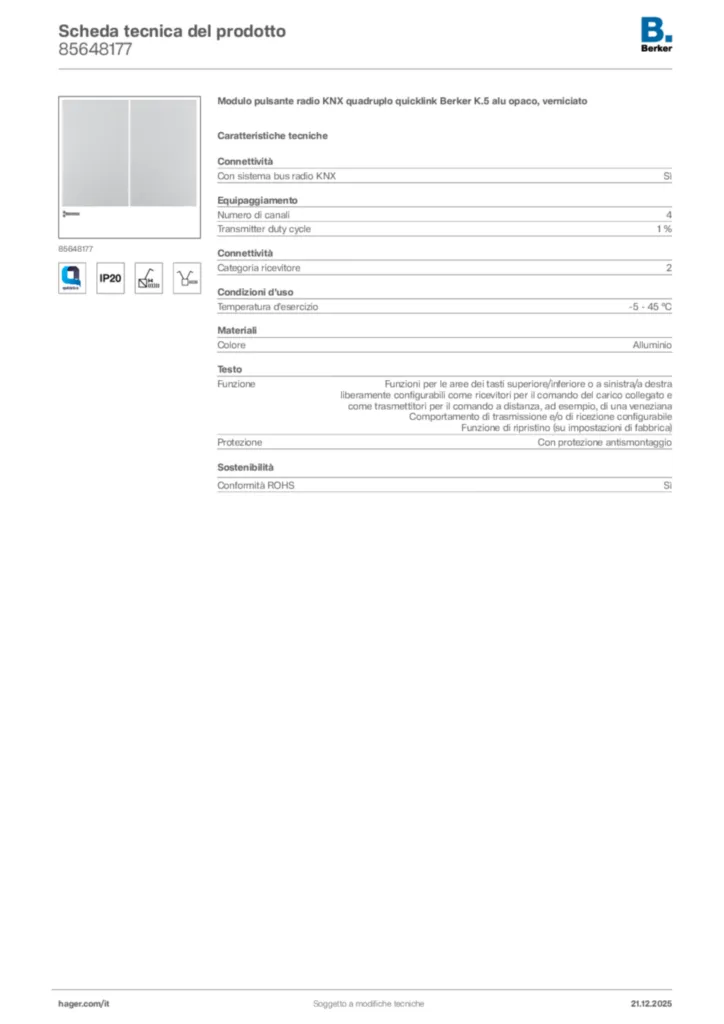 Immagine Berker Scheda tecnica del prodotto 85648177 | Hager Italia