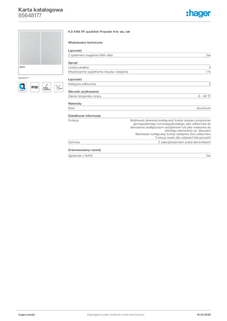 Zdjęcie Hager Karta katalogowa 85648177 | Hager Polska
