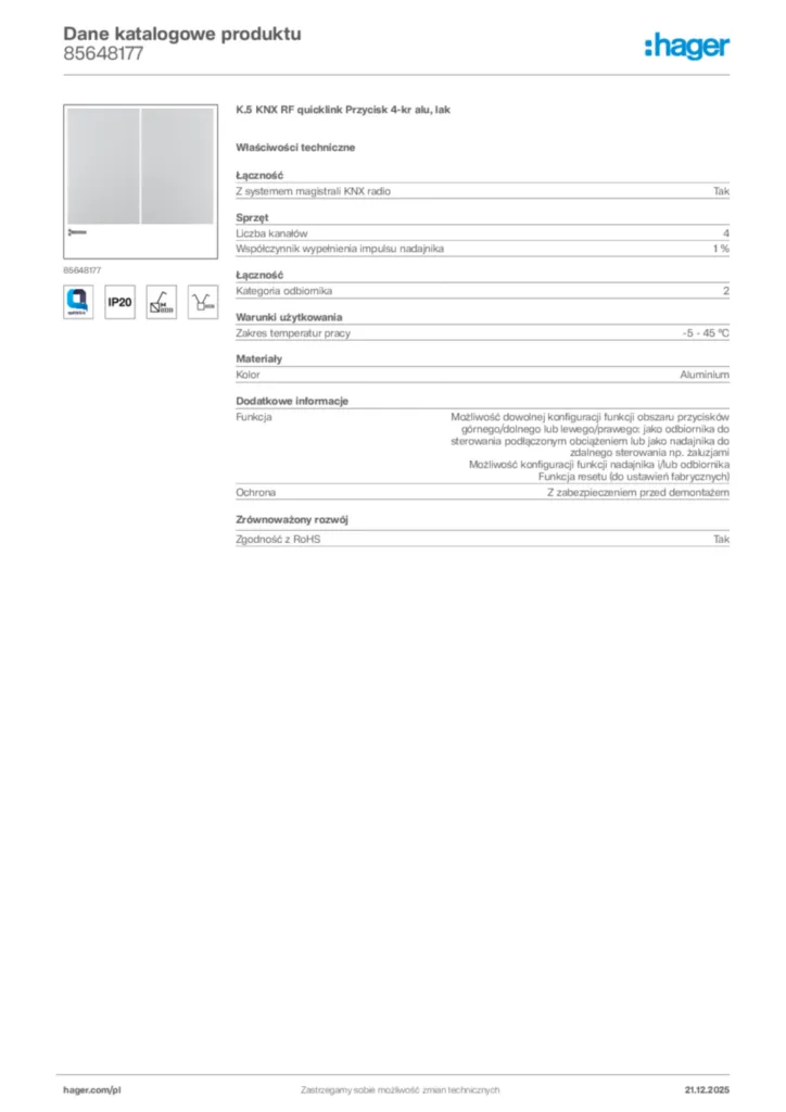 Zdjęcie Hager Dane katalogowe produktu 85648177 | Hager Polska