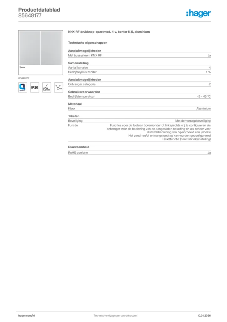 Afbeelding Hager Productdatablad 85648177 | Hager Nederland