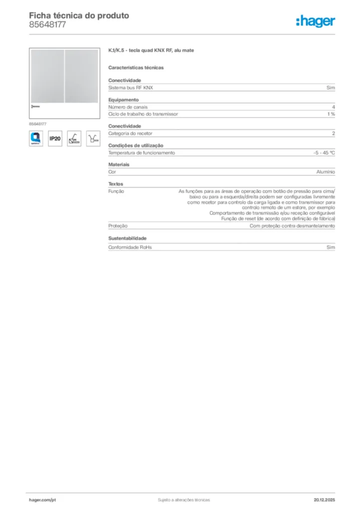 Imagem Hager Ficha técnica do produto 85648177 | Hager Portugal