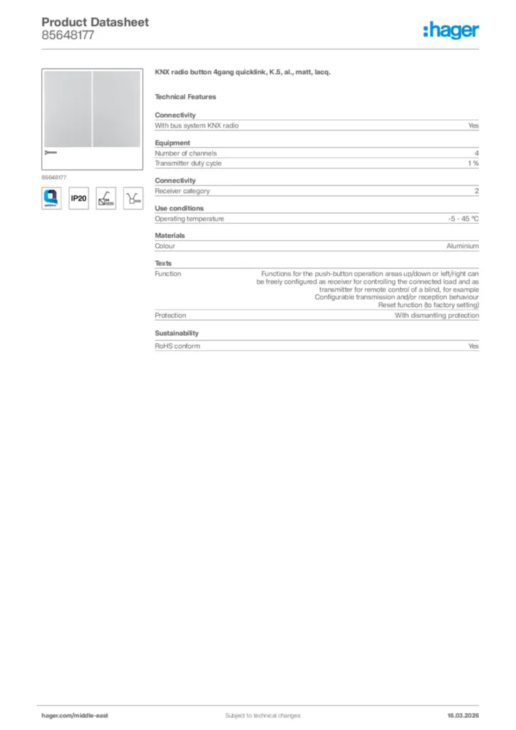 Image Hager Product data sheet 85648177  | Hager