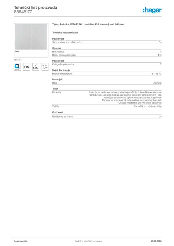 Slika Hager Tehnički list proizvoda 85648177  | Hager