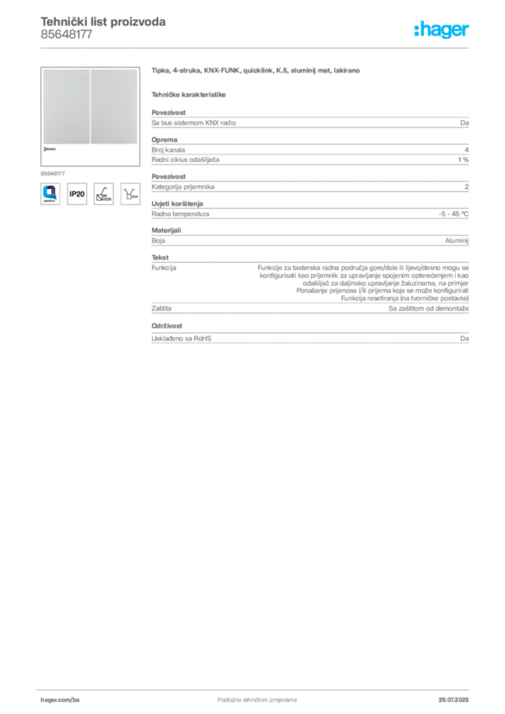 Slika Hager Product data sheet 85648177  | Hager