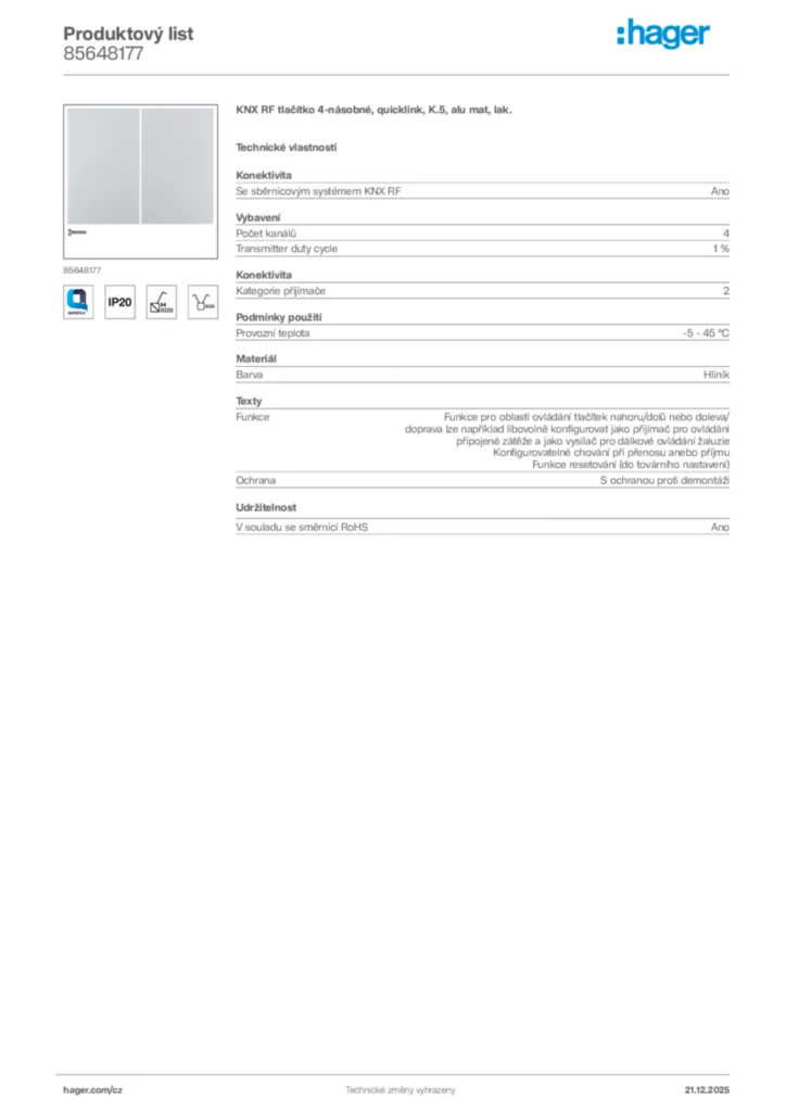 Obrázek Hager Produktový list 85648177 | Hager