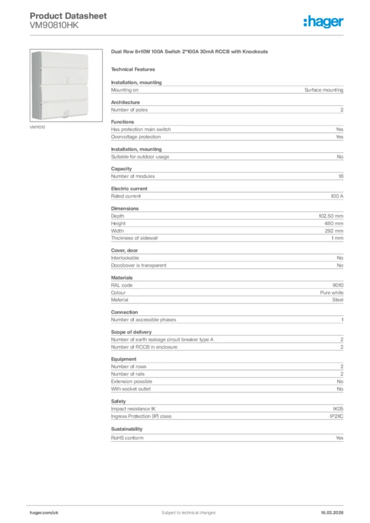 Image Hager Product data sheet VM90810HK  | Hager