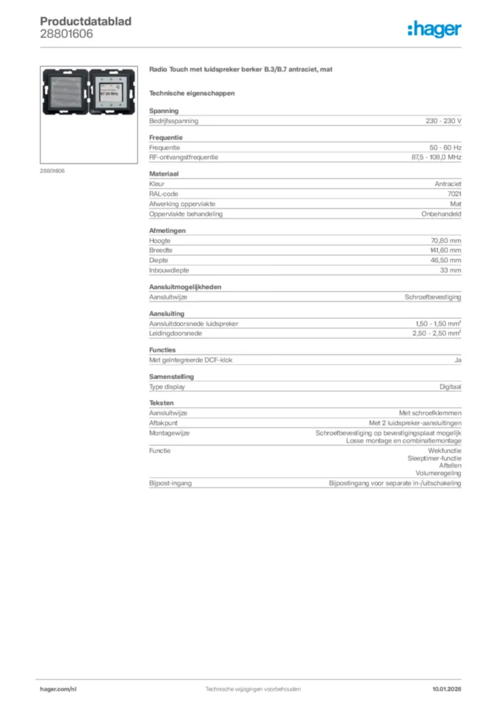 Afbeelding Hager Productdatablad 28801606 | Hager Nederland