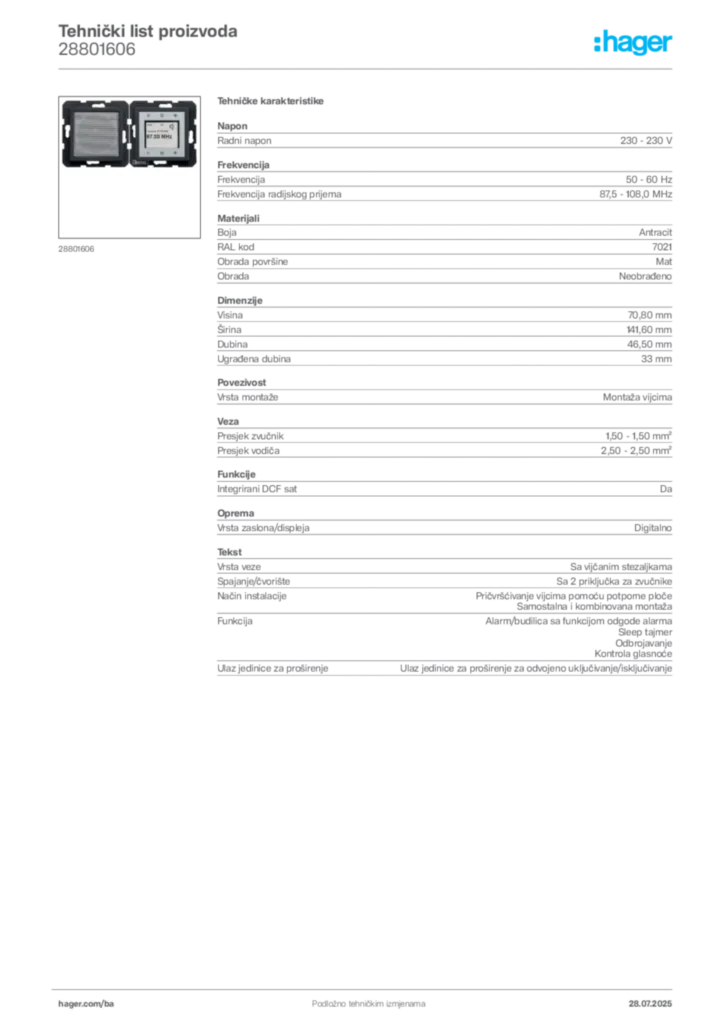Slika Hager Product data sheet 28801606  | Hager