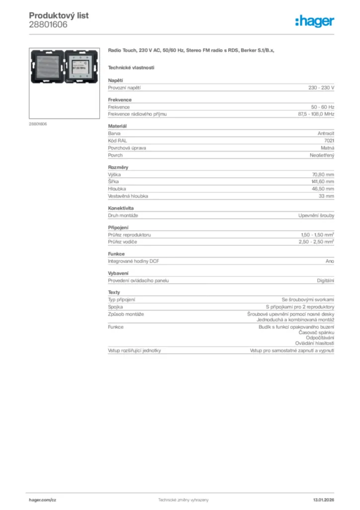 Obrázek Hager Product data sheet 28801606 | Hager
