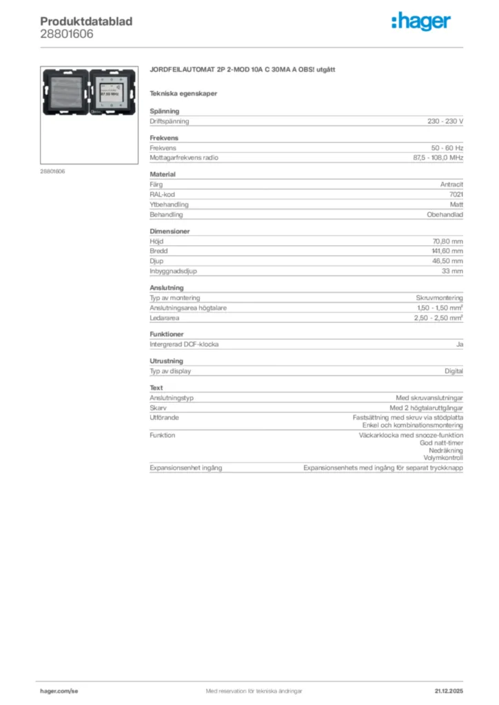 Bild Hager Produktdatablad 28801606 | Hager Sverige