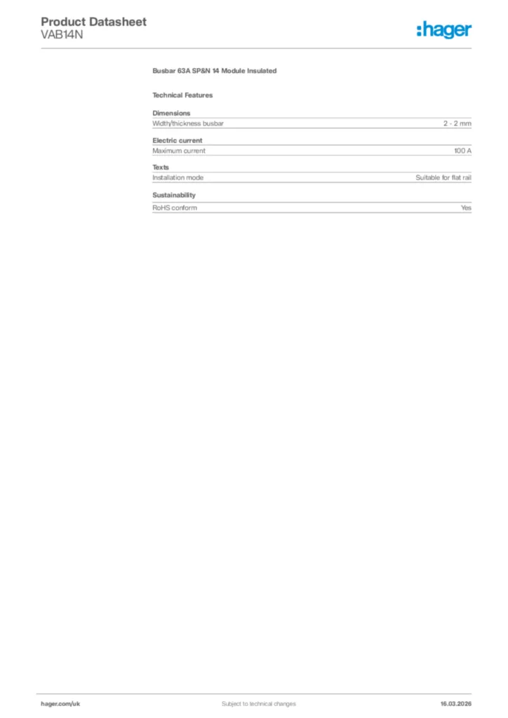 Image Hager Product data sheet VAB14N  | Hager