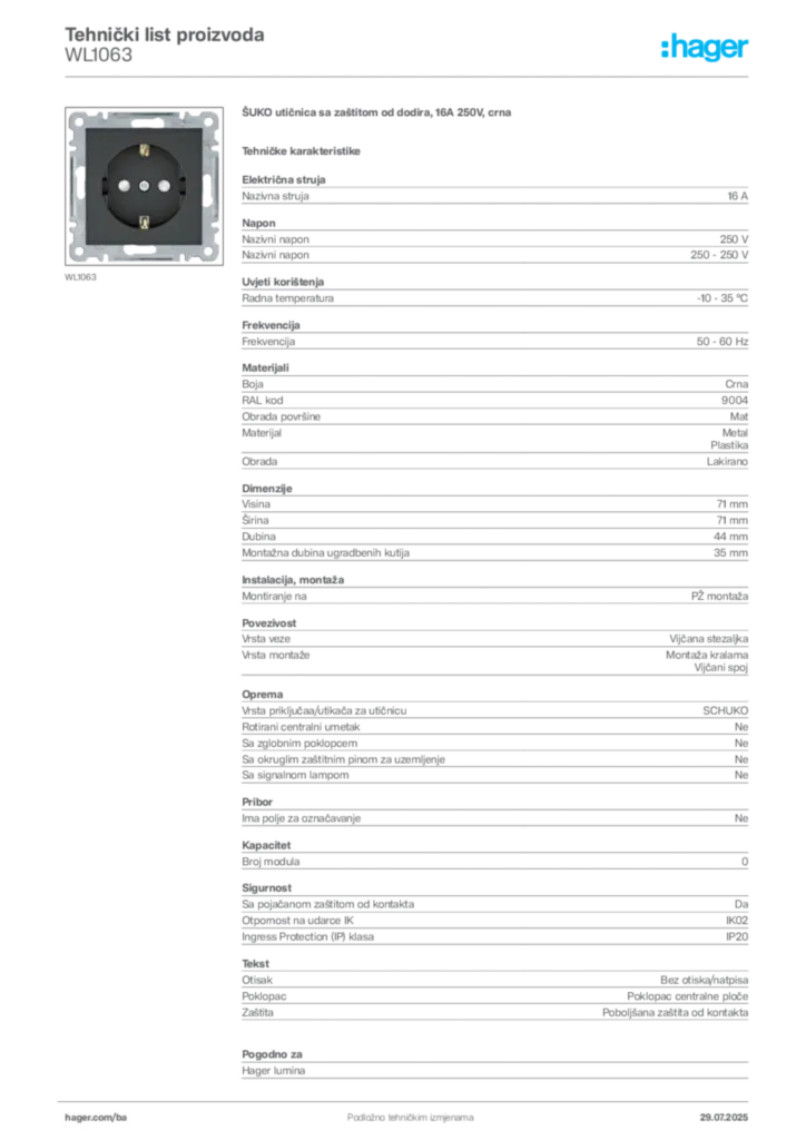 Slika Hager Product data sheet WL1063  | Hager