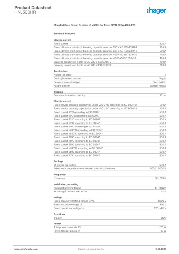 Image Hager Product data sheet HNJ500HR  | Hager