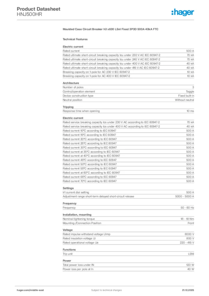 Image Hager Product data sheet HNJ500HR  | Hager