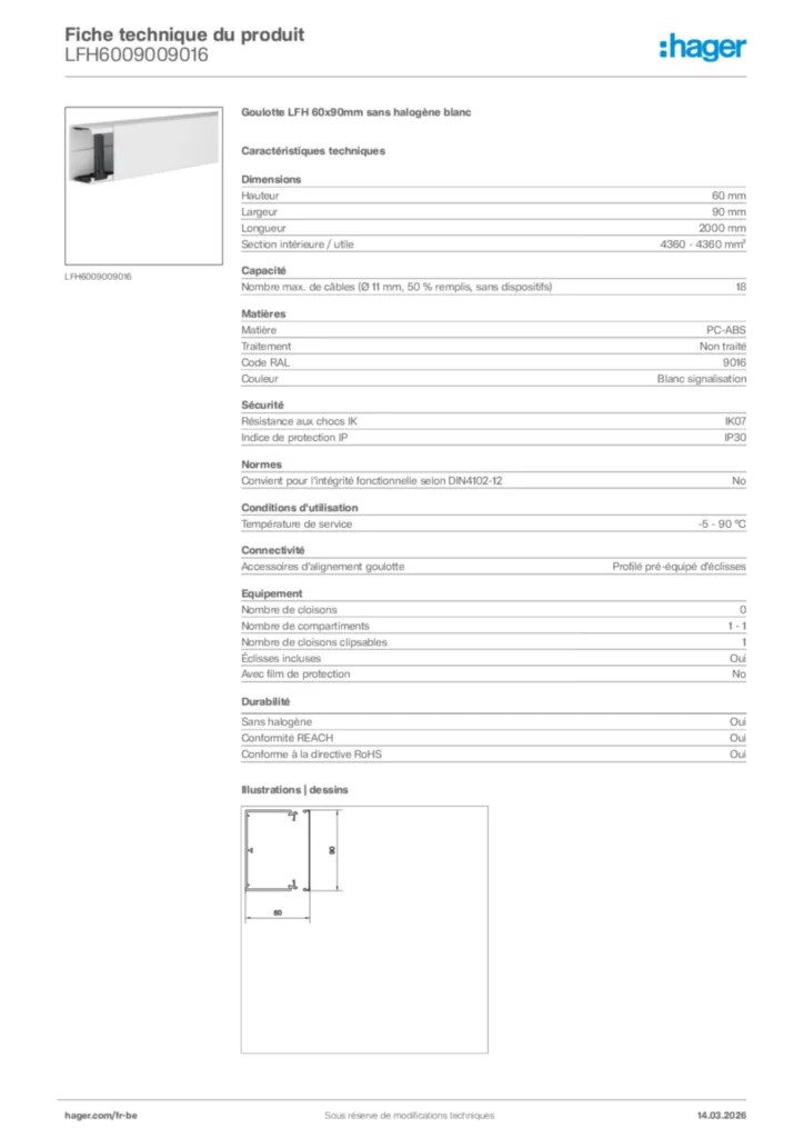 Image Hager Fiche technique du produit LFH6009009016 | Hager Belgique