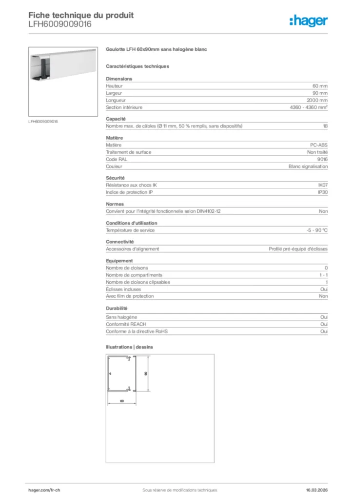 Image Hager Fiche technique du produit LFH6009009016 | Hager Suisse