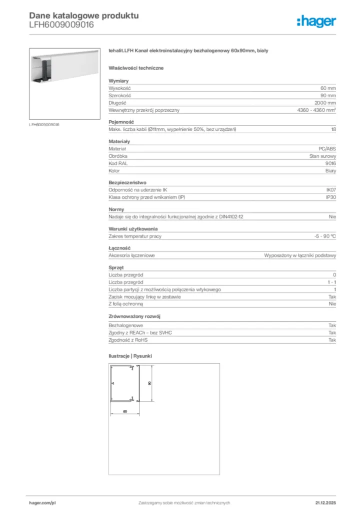 Zdjęcie Hager Dane katalogowe produktu LFH6009009016 | Hager Polska