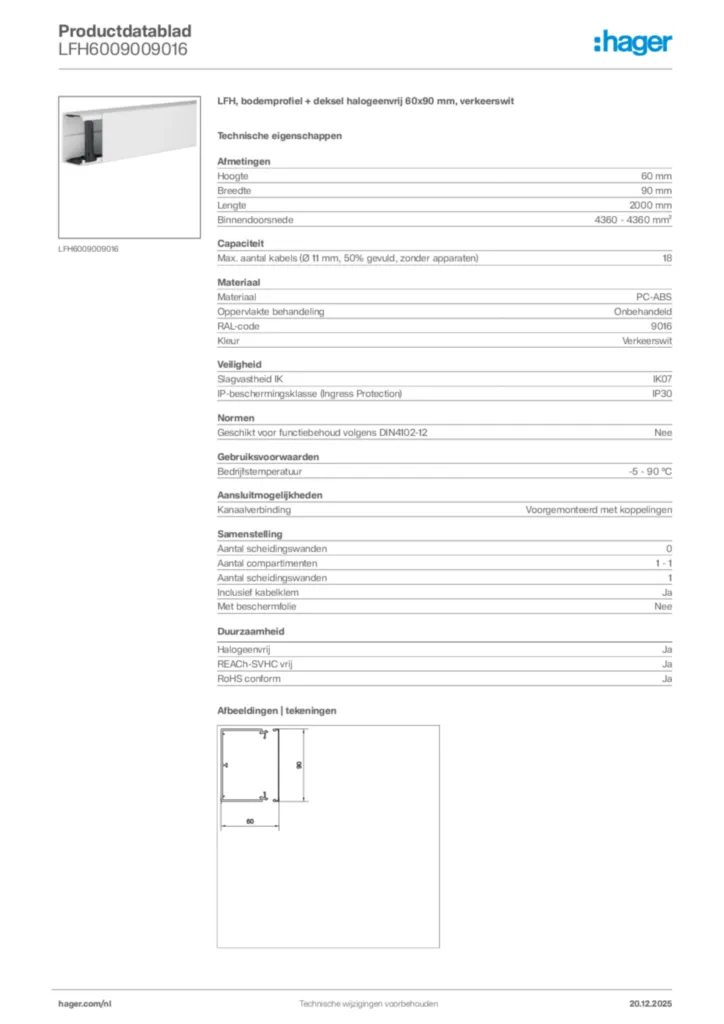 Afbeelding Hager Productdatablad LFH6009009016 | Hager Nederland