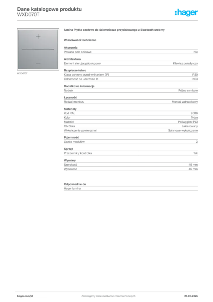 Zdjęcie Hager Dane katalogowe produktu WXD070T | Hager Polska