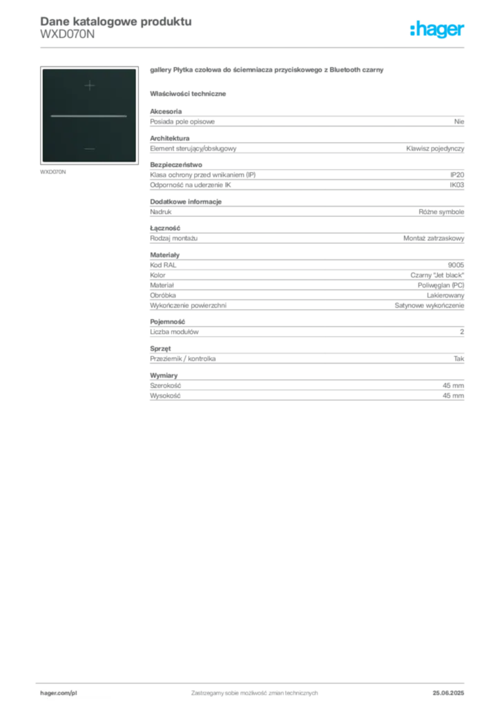 Zdjęcie Hager Dane katalogowe produktu WXD070N | Hager Polska