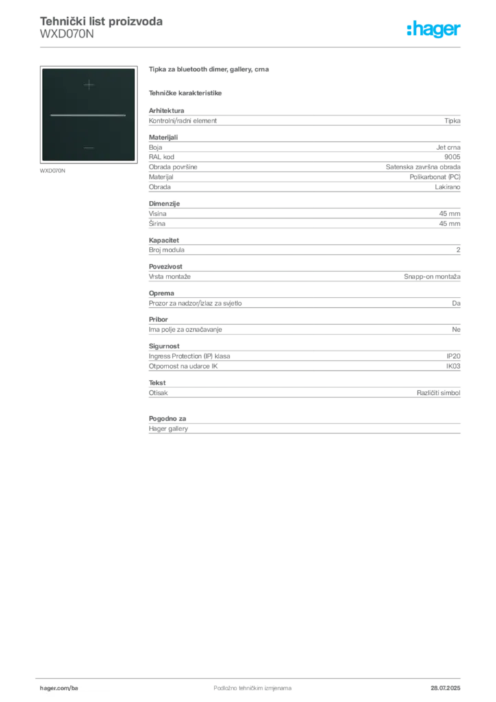 Slika Hager Product data sheet WXD070N  | Hager