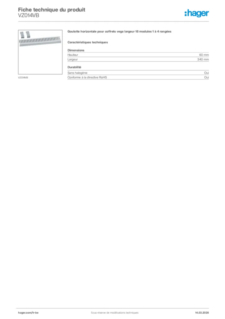 Image Hager Fiche technique du produit VZ014VB | Hager Belgique